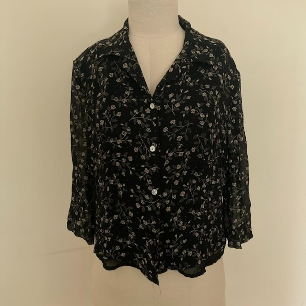 Black floral silk blouse